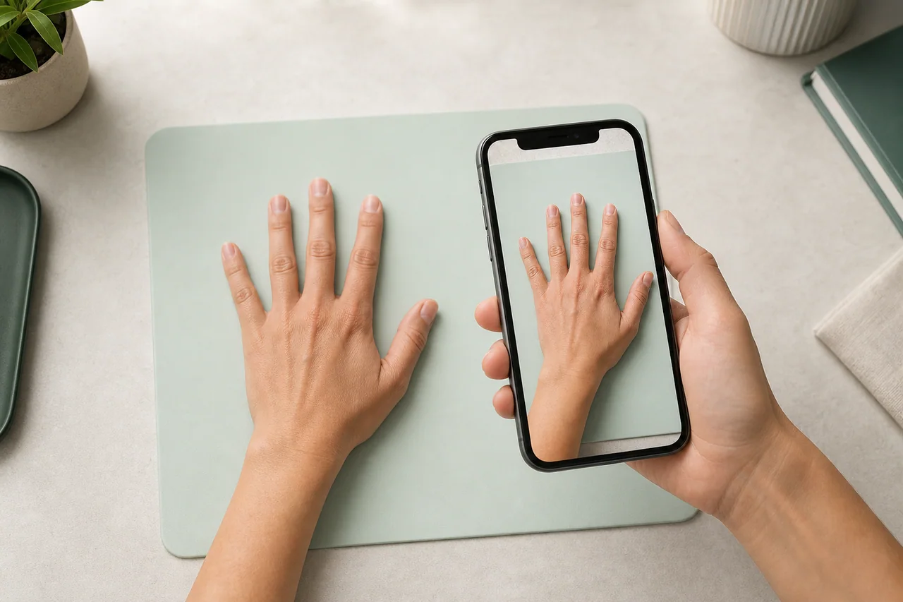 手の甲を上にして、スマートフォンで真上から撮影している様子